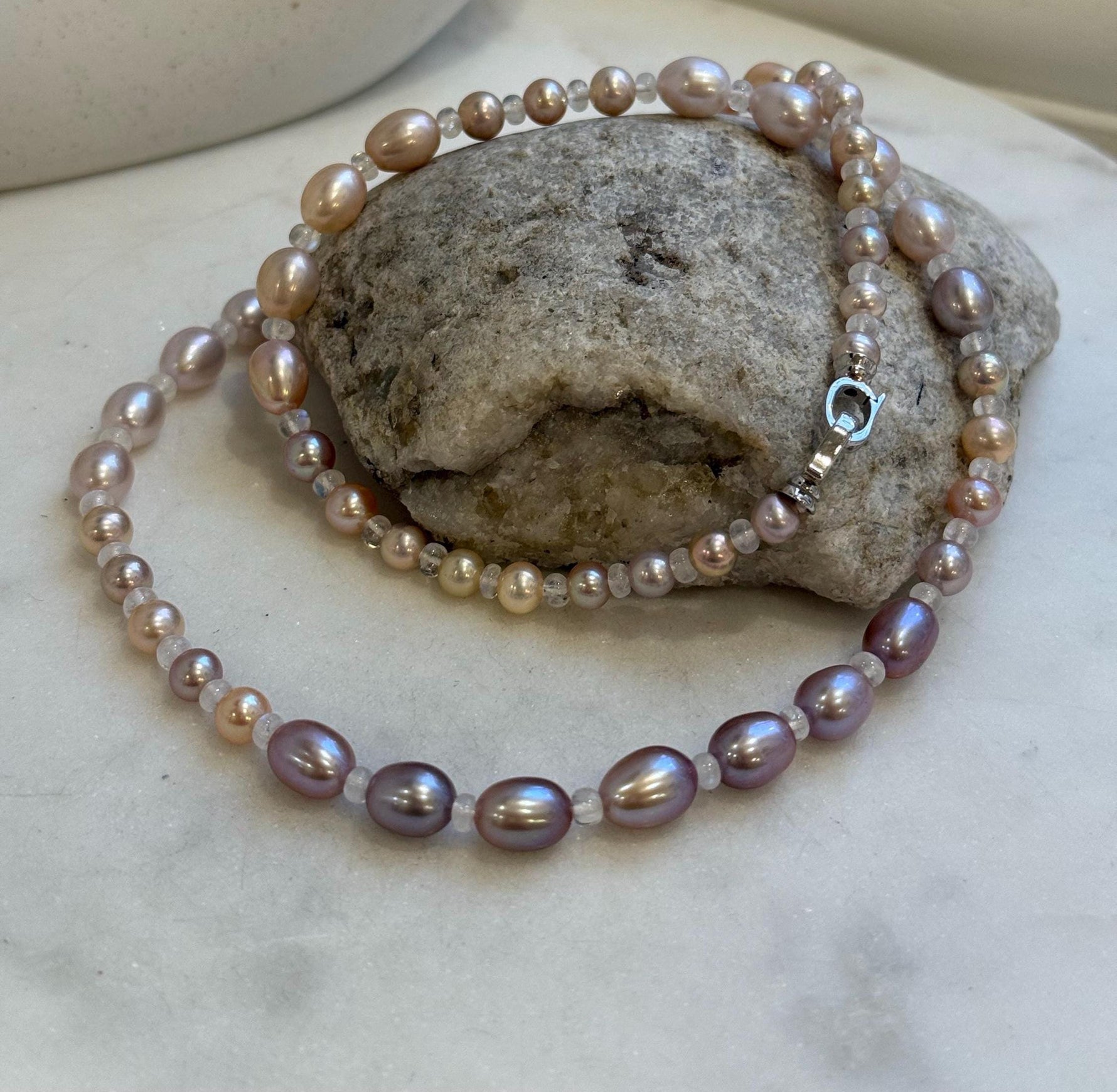 20” 5.5-7.9mm Multicolor Pearls Necklace: Extreme luster mirrored, S925 silver Long necklace with moonstones.