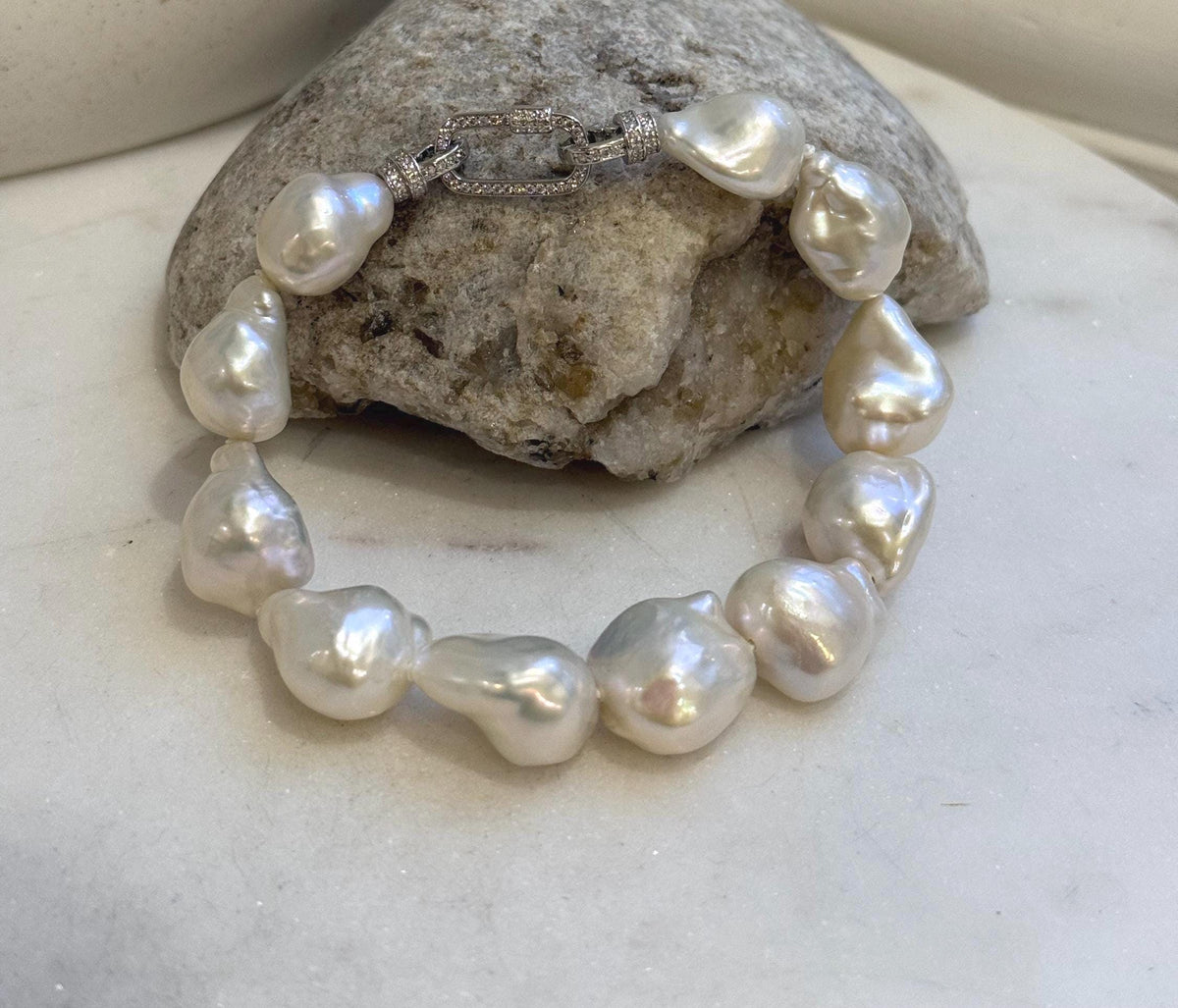 11pcs 12.4-14.6mm Baroque pearls Braclet: Extreme luster mirrored, 8.1”, S925 silver Braclet. gift for her
