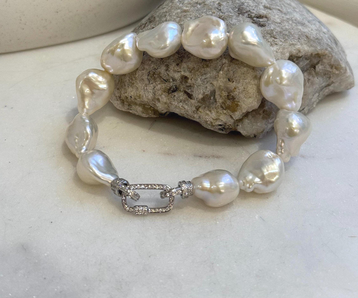 11pcs 12.4-14.6mm Baroque pearls Braclet: Extreme luster mirrored, 8.1”, S925 silver Braclet.