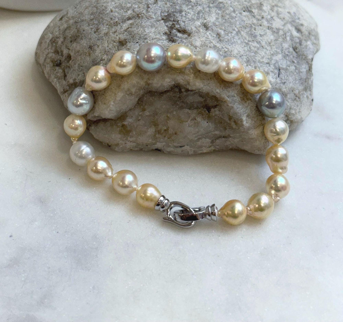 Multicolor Ocean Pearls Bracelet: 19pcs Akoya ocean Australian White ocean Pearls, Extreme luster, 6.7-8.5mm, 7.2” knotted, gift for her birthday