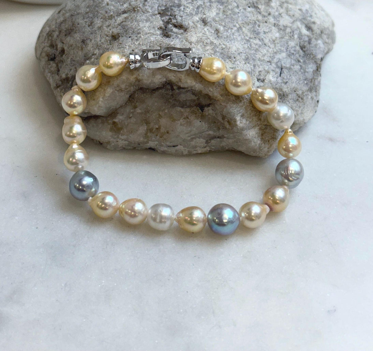 Multicolor Ocean Pearls Bracelet: 19pcs Akoya ocean Australian White ocean Pearls, Extreme luster, 6.7-8.5mm, 7.2” knotted