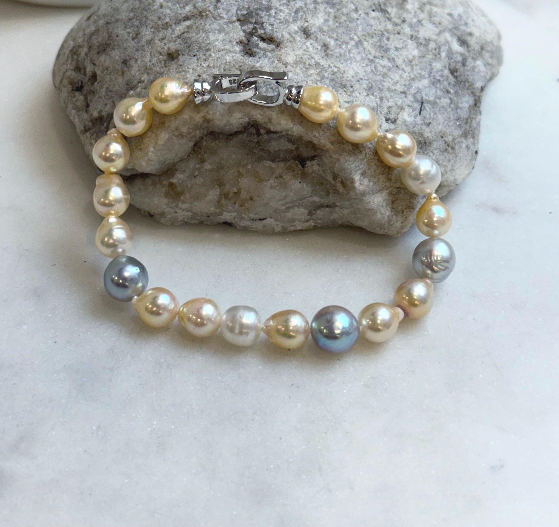 Multicolor Ocean Pearls Bracelet: 19pcs Akoya ocean Australian White ocean Pearls, Extreme luster, 6.7-8.5mm, 7.2” knotted