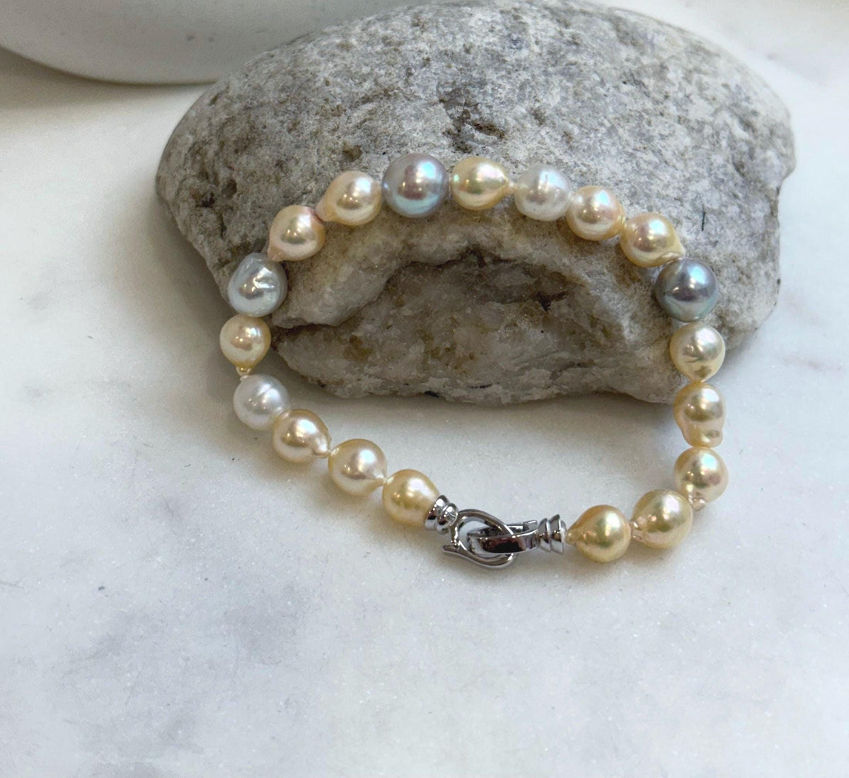 Multicolor Ocean Pearls Bracelet: 19pcs Akoya ocean Australian White ocean Pearls, Extreme luster, 6.7-8.5mm, 7.2” knotted