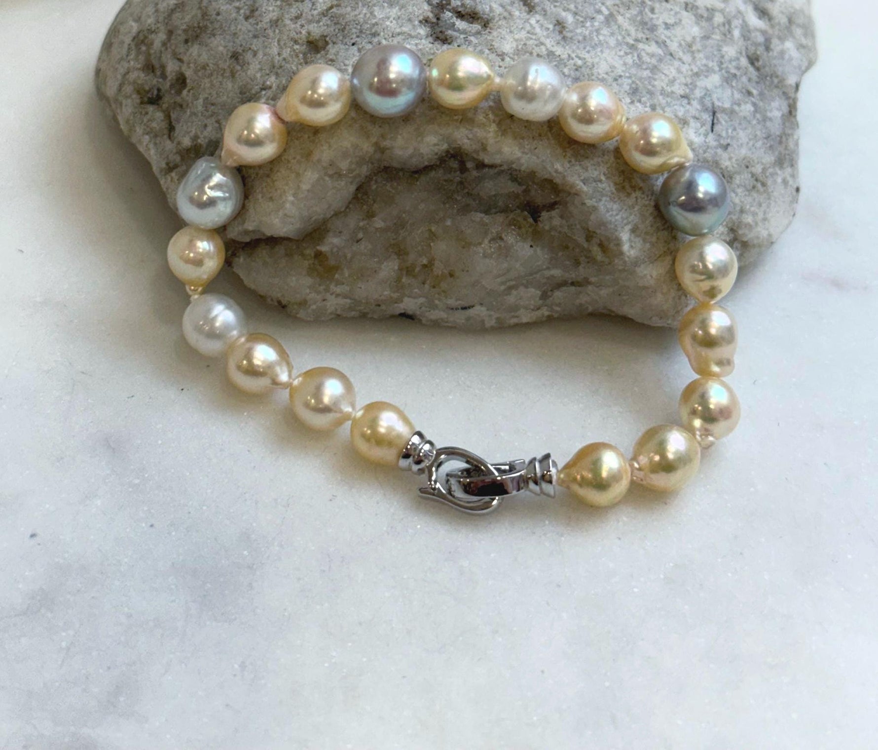 Multicolor Ocean Pearls Bracelet: 19pcs Akoya ocean Australian White ocean Pearls, Extreme luster, 6.7-8.5mm, 7.2” knotted