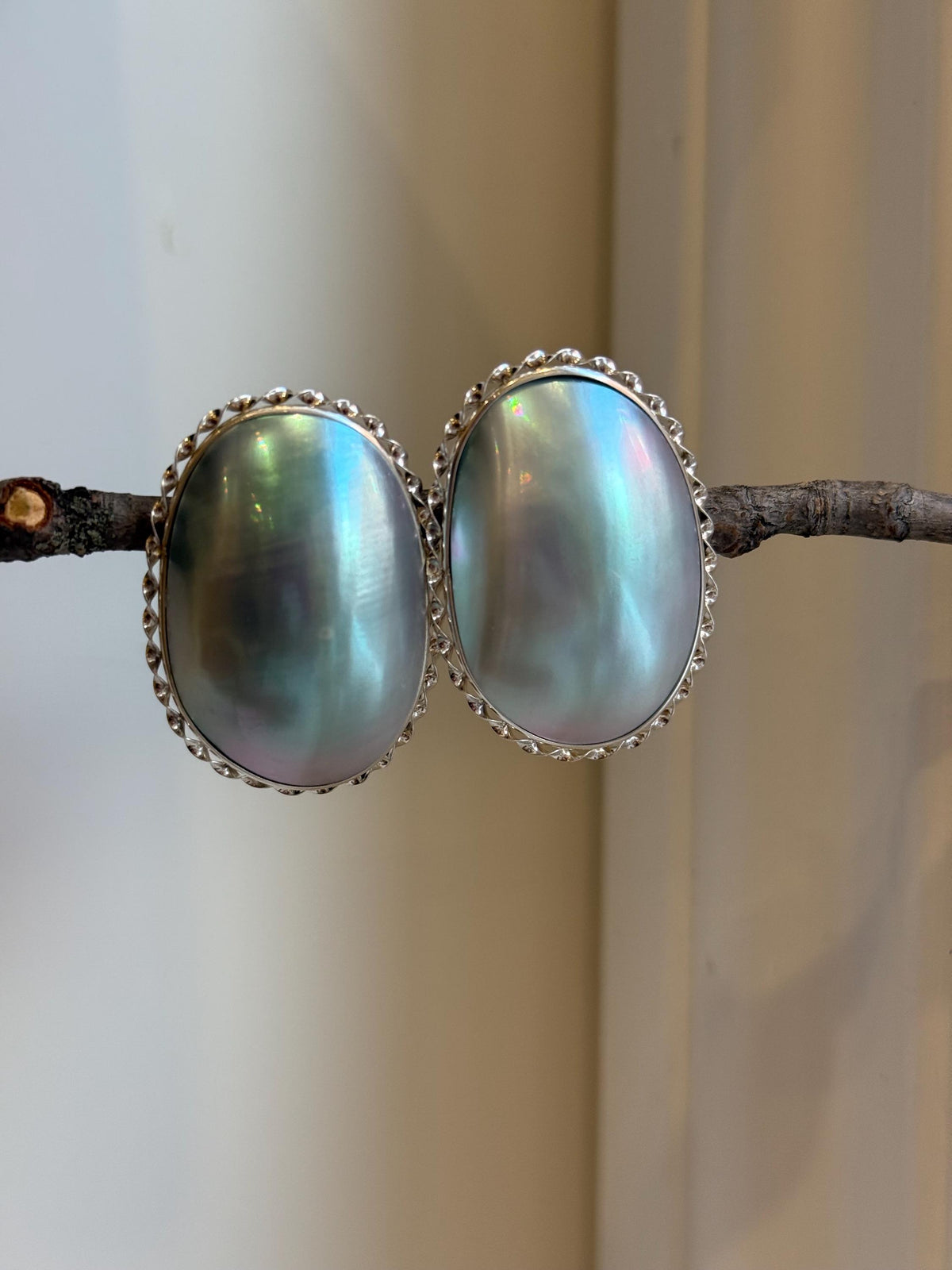 Blue iridescent Ocean Mabe Huge Earrings: Extreme luster, 2.7x3.8cm, S925 silver earrings. gift for her anniversary