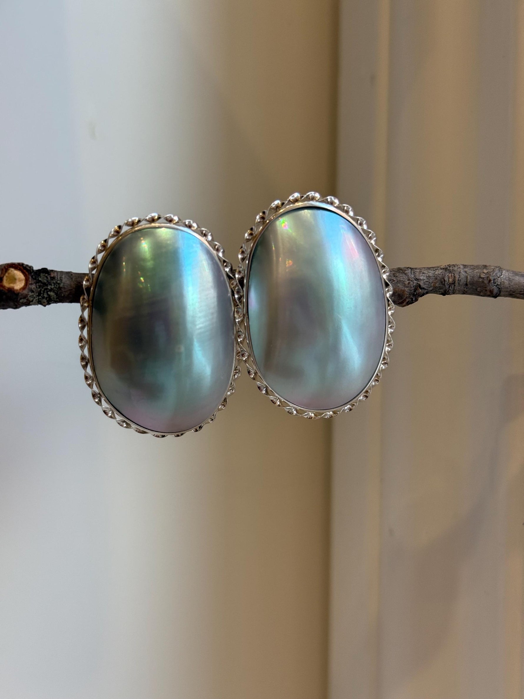 Blue iridescent Ocean Mabe Huge Earrings: Extreme luster, 2.7x3.8cm, S925 silver earrings. gift for her anniversary