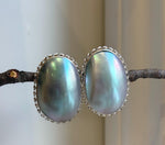 Blue iridescent Ocean Mabe Huge Earrings: Extreme luster, 2.7x3.8cm, S925 silver earrings.