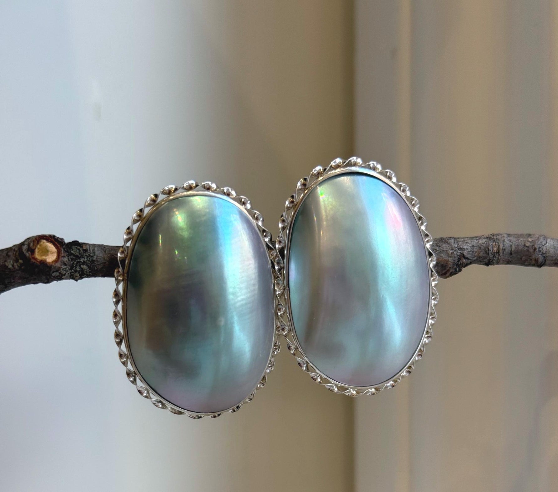 Blue iridescent Ocean Mabe Huge Earrings: Extreme luster, 2.7x3.8cm, S925 silver earrings.