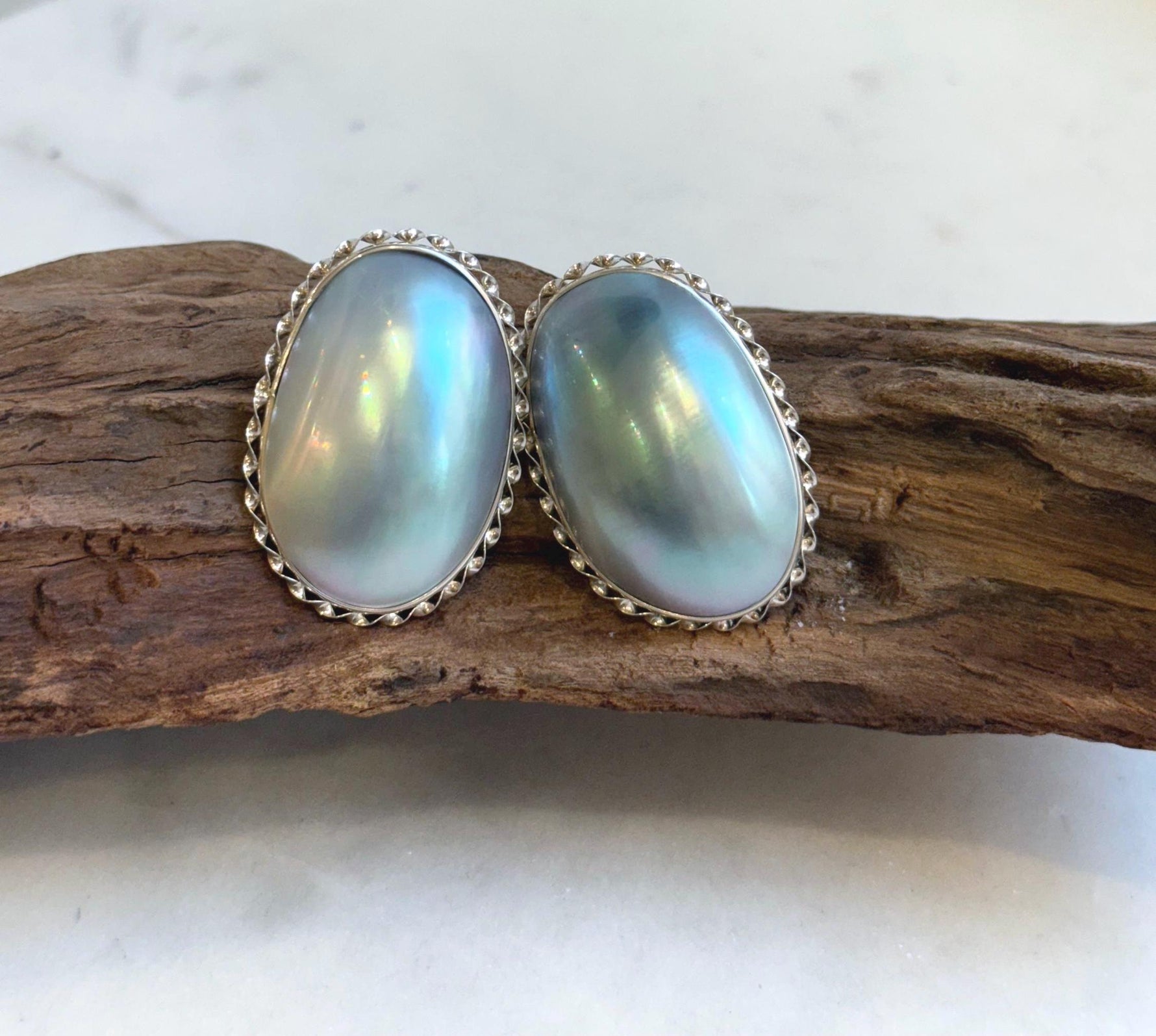 Blue iridescent Ocean Mabe Huge Earrings: Extreme luster, 2.7x3.8cm, S925 silver earrings.