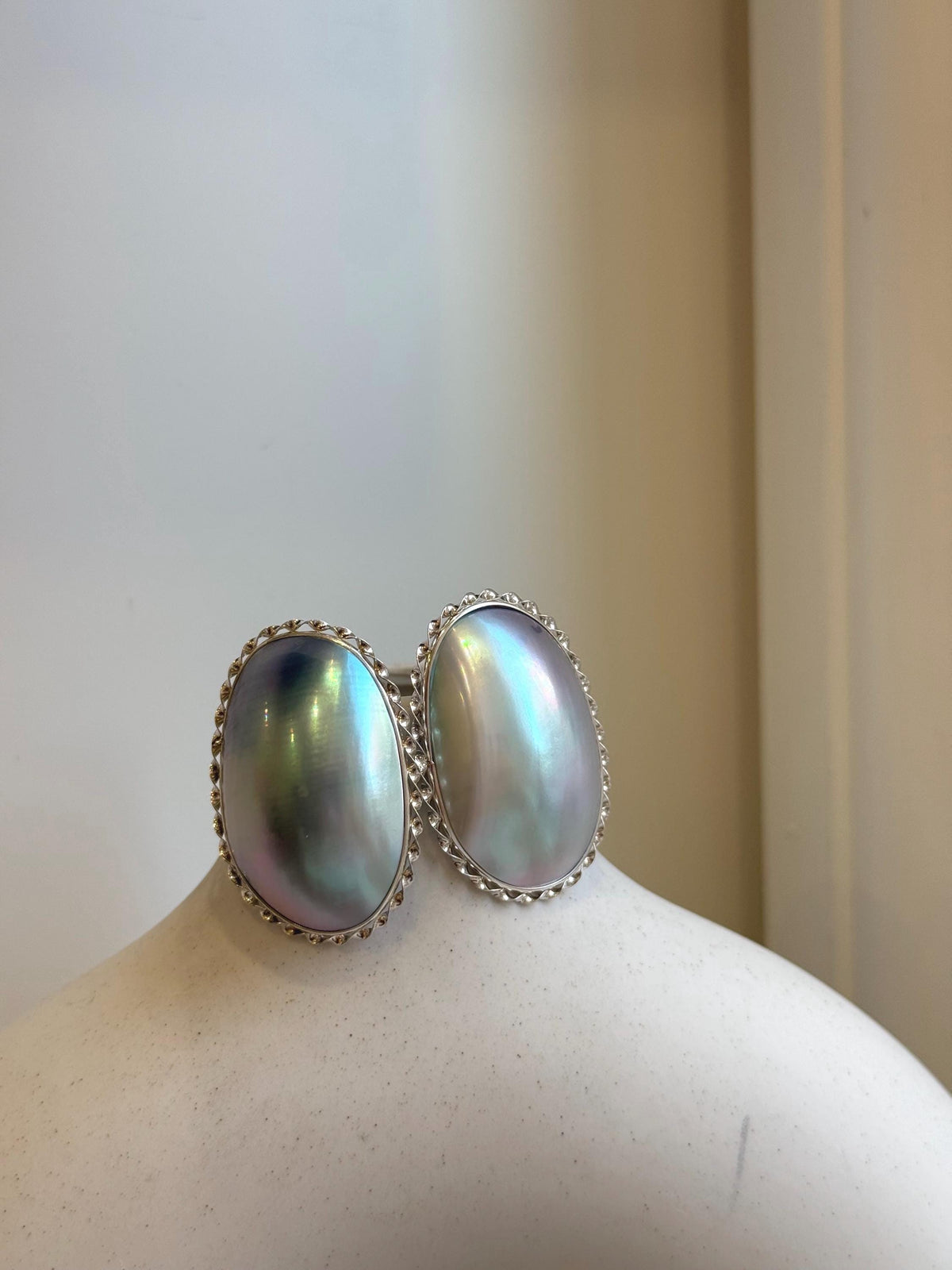 Blue iridescent Ocean Mabe Huge Earrings: Extreme luster, 2.7x3.8cm, S925 silver earrings.