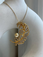 South sea golden pearl brooch pendant 2in1: Extreme strong luster mirrored, 9.5mm, pure gold. Feather design Brooch with s925 silver chain. gift for her birthday