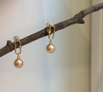 8.5mm Peach Gold Pearls Earrings Chandeliers: Extreme luster Mirrored, Metallic peach gold color, 2.5cm high, S925 silver cool earrings.