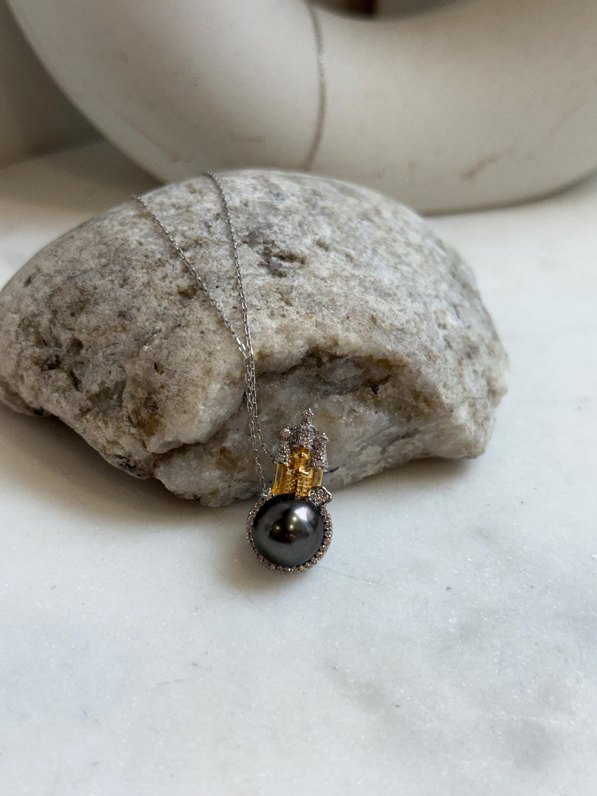 10.7mm Tahitian ocean pendant: Extreme luster mirrored, platinum green brown  pearl, 2.5cm high, S925 silver castle pendant chain set. gift for her daily wear