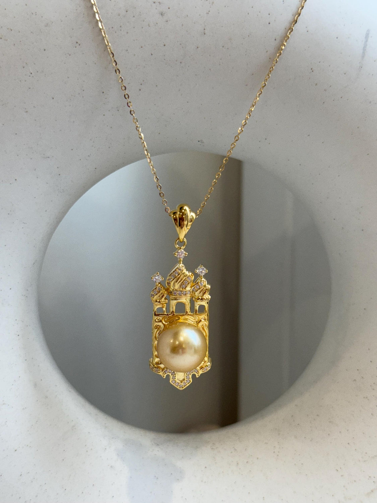 11.4mm South sea golden Pearl pendant: Extreme luster mirrored, ultra gold pearl, 4.5cm high, S925 silver castle pendant chain set. gift for her birthday