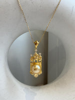 11.4mm South sea golden Pearl pendant: Extreme luster mirrored, ultra gold pearl, 4.5cm high, S925 silver castle pendant chain set. gift for her birthday