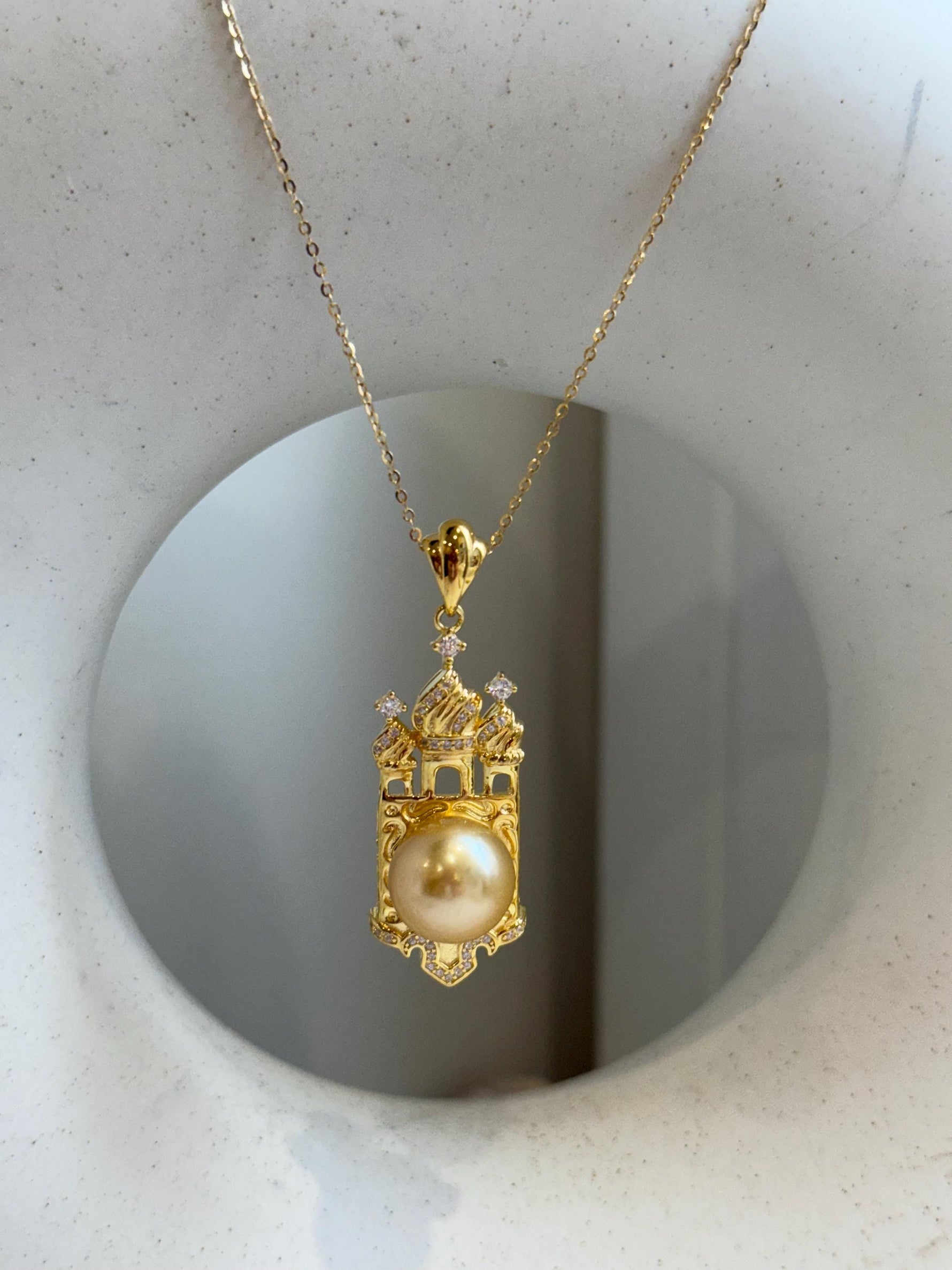 11.4mm South sea golden Pearl pendant: Extreme luster mirrored, ultra gold pearl, 4.5cm high, S925 silver castle pendant chain set. gift for her holiday
