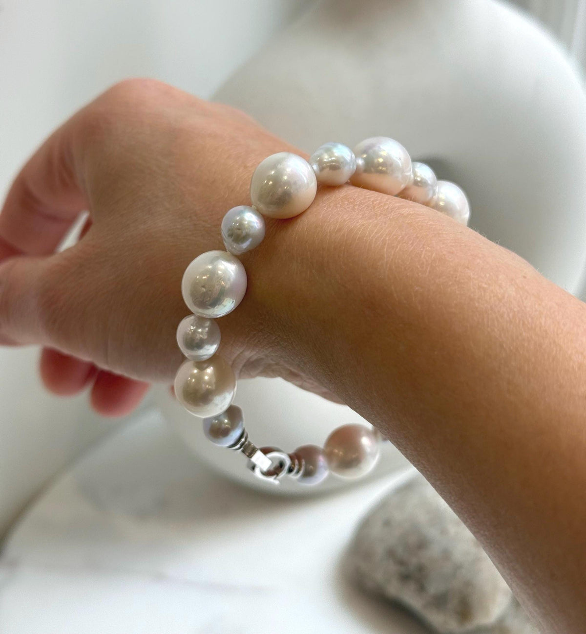 7.6-11.4mm White Pearls Bracelet, Extreme luster mirrored, 8.1” knot, S925 silver bracelet. gift for her birthday