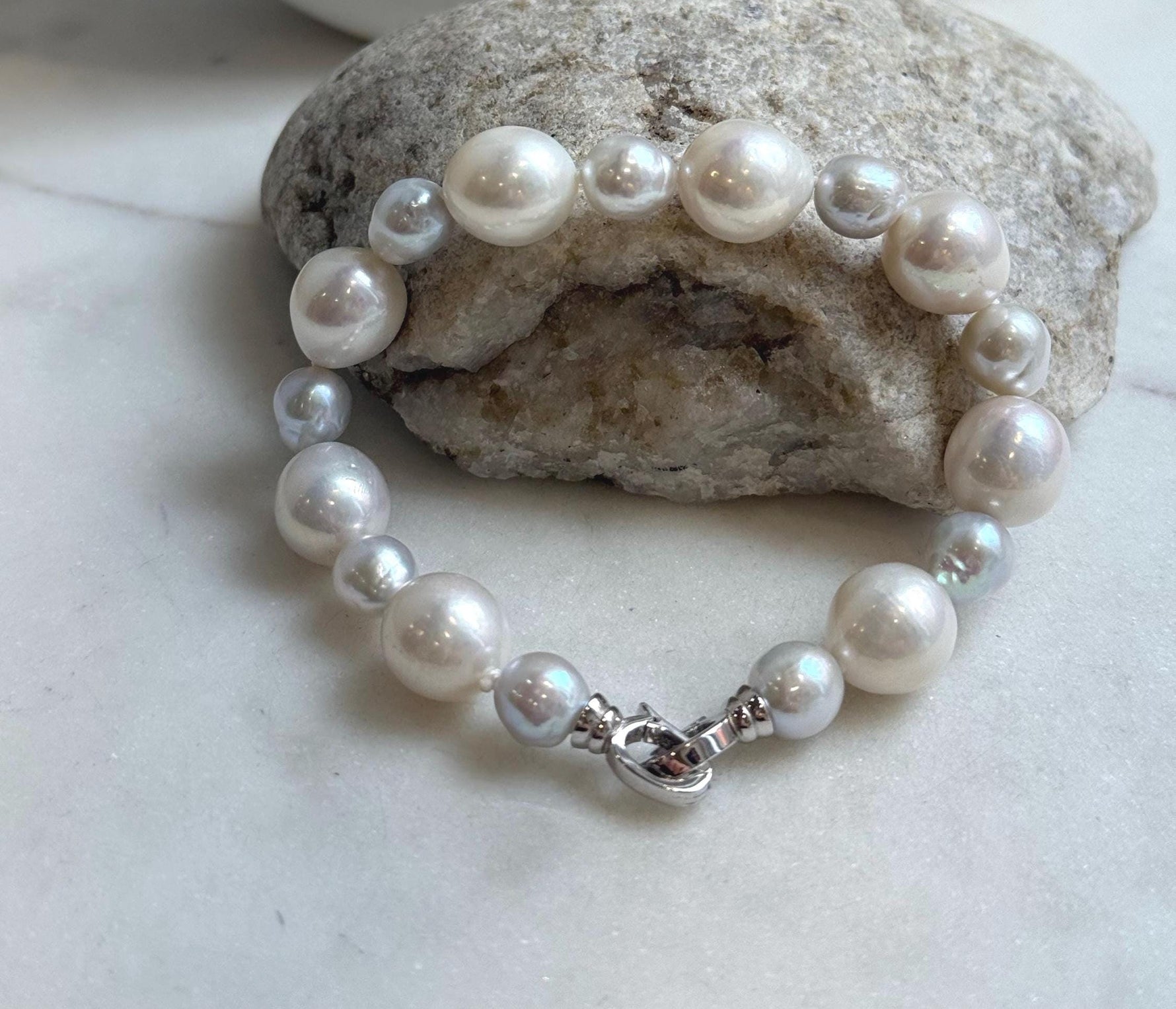 7.6-11.4mm White Pearls Bracelet, Extreme luster mirrored, 8.1” knot, S925 silver bracelet.