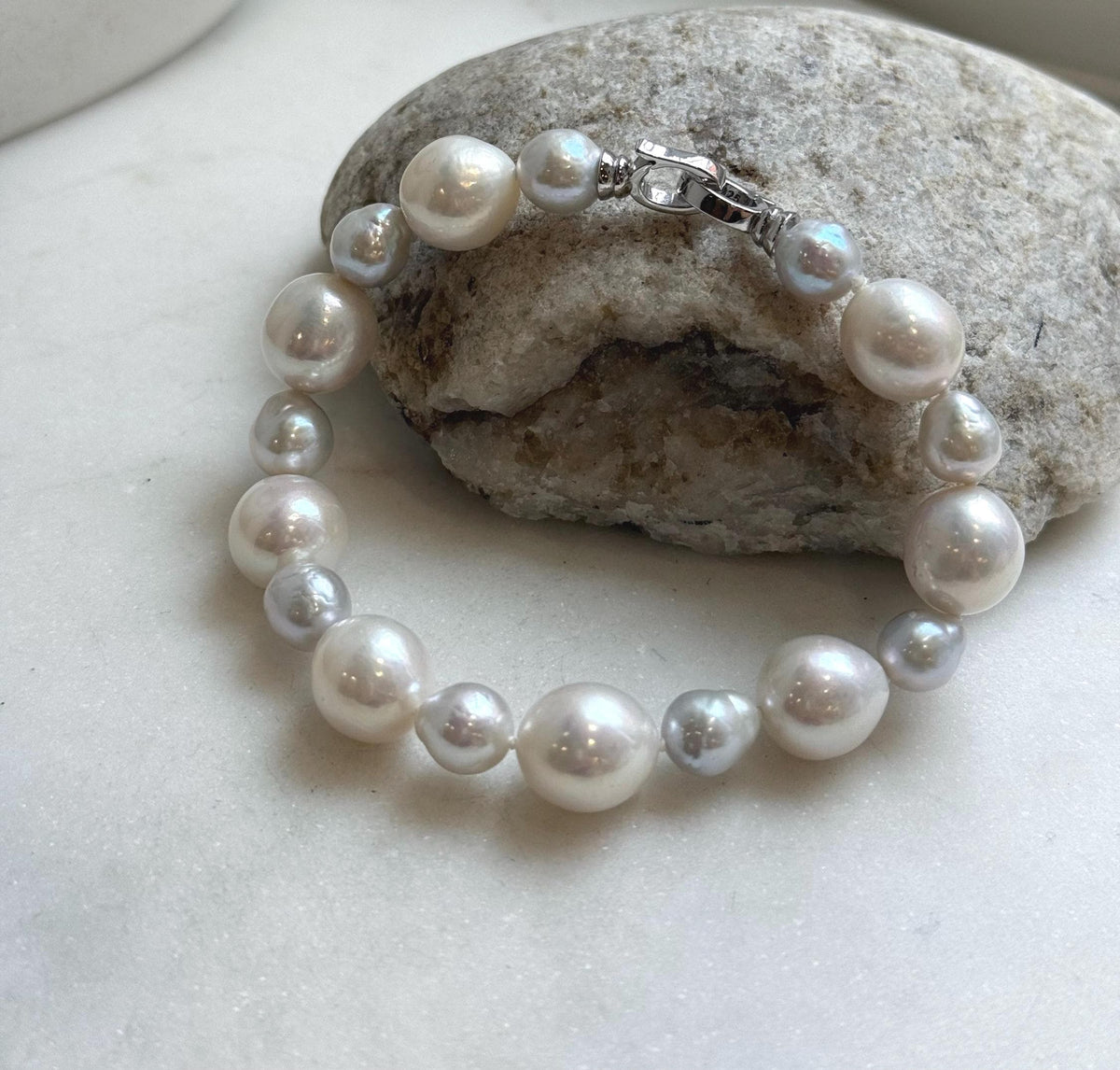 7.6-11.4mm White Pearls Bracelet, Extreme luster mirrored, 8.1” knot, S925 silver bracelet.