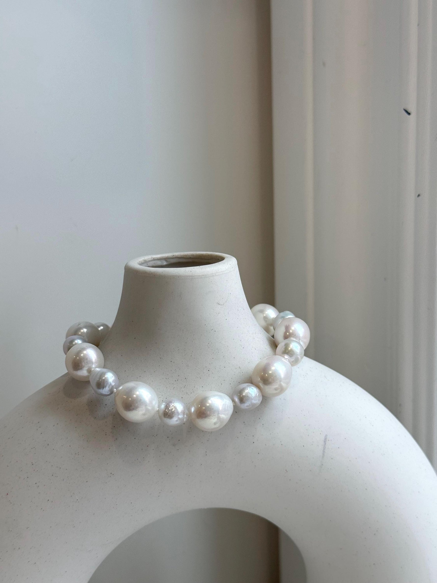 7.6-11.4mm White Pearls Bracelet, Extreme luster mirrored, 8.1” knot, S925 silver bracelet.