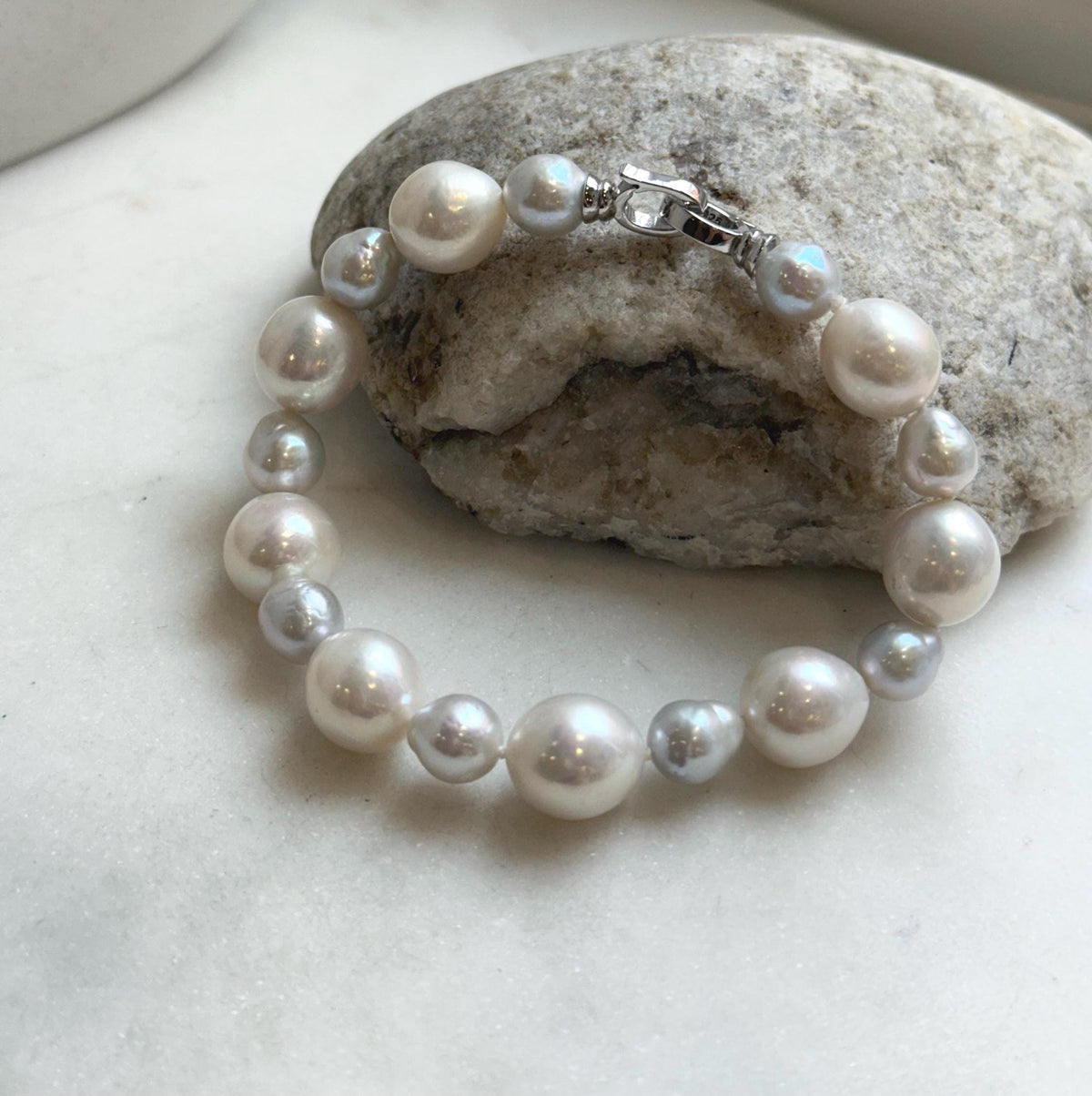 7.6-11.4mm White Pearls Bracelet, Extreme luster mirrored, 8.1” knot, S925 silver bracelet.