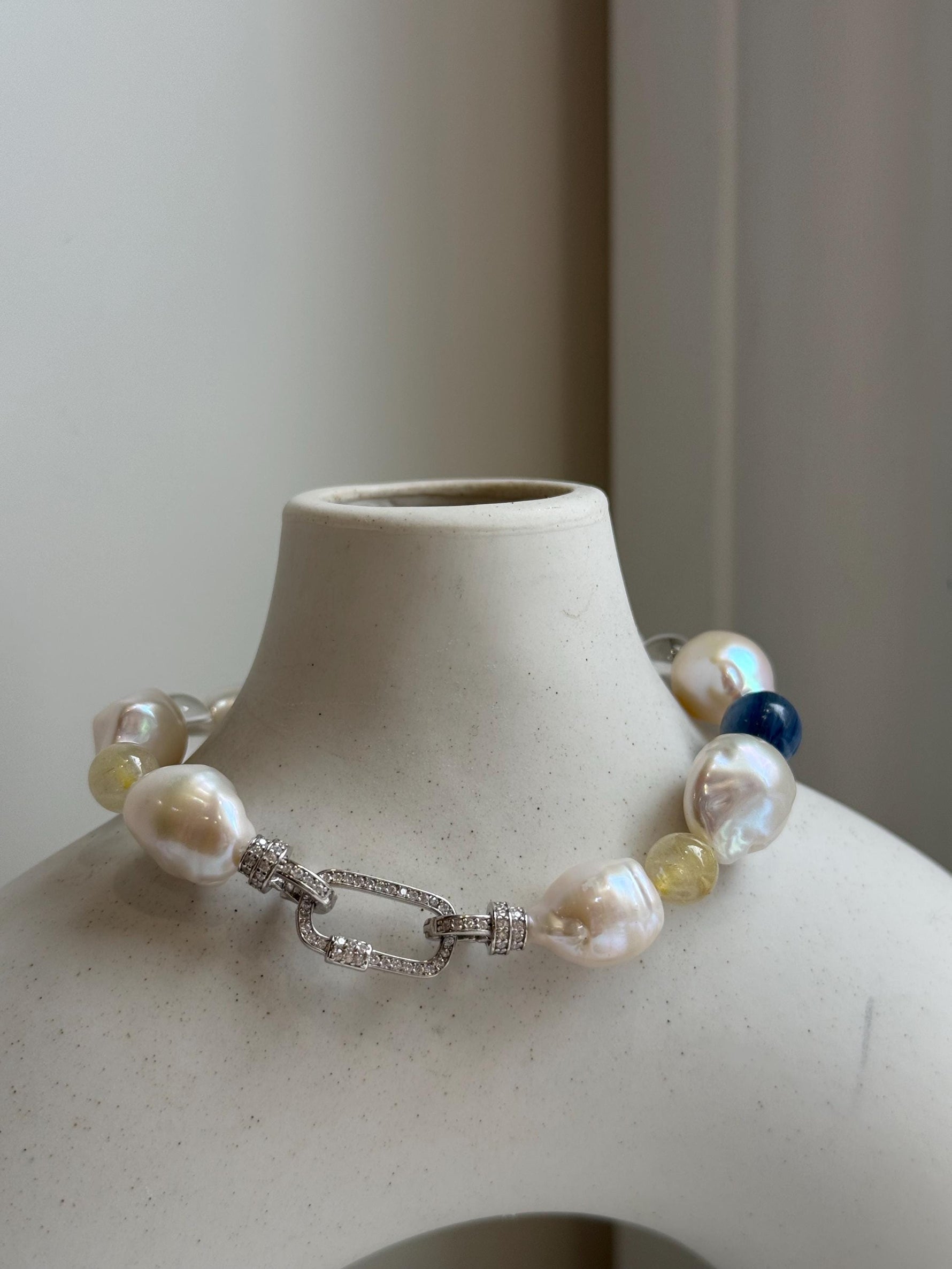 8pcs 10-12.5mm Baroque pearls Braclet: Extreme luster mirrored, 8”, S925 silver Braclet with Crystal Kyanite.