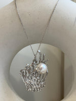 11.2mm white Pearl Brooch Pendant 2in1: Extreme Luster mirrored, white with pink hue, Seaweed 3D brooch, s925 silver chain.