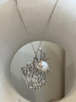11.2mm white Pearl Brooch Pendant 2in1: Extreme Luster mirrored, white with pink hue, Seaweed 3D brooch, s925 silver chain.