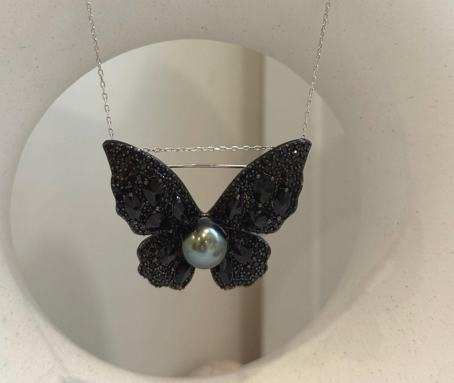 Tahitian Ocean Pearl black butterfly Brooch Pendant 2in1: Extreme luster, 9.8mm peacock green, s925 silver chain, gift for her birthday