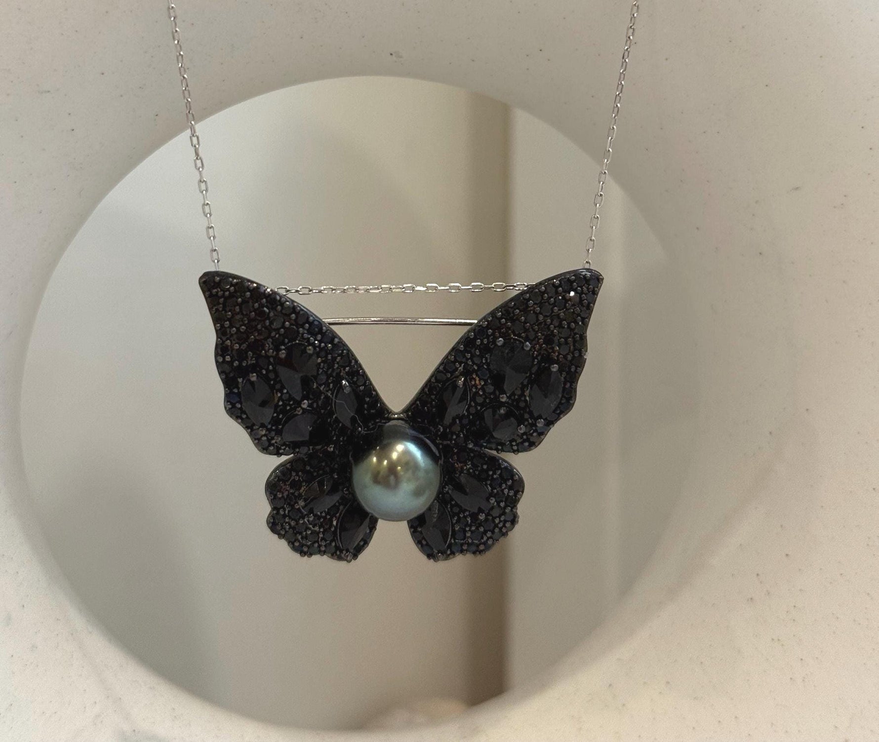 Tahitian Ocean Pearl black butterfly Brooch Pendant 2in1: Extreme luster, 9.8mm peacock green, s925 silver chain, gift for her birthday