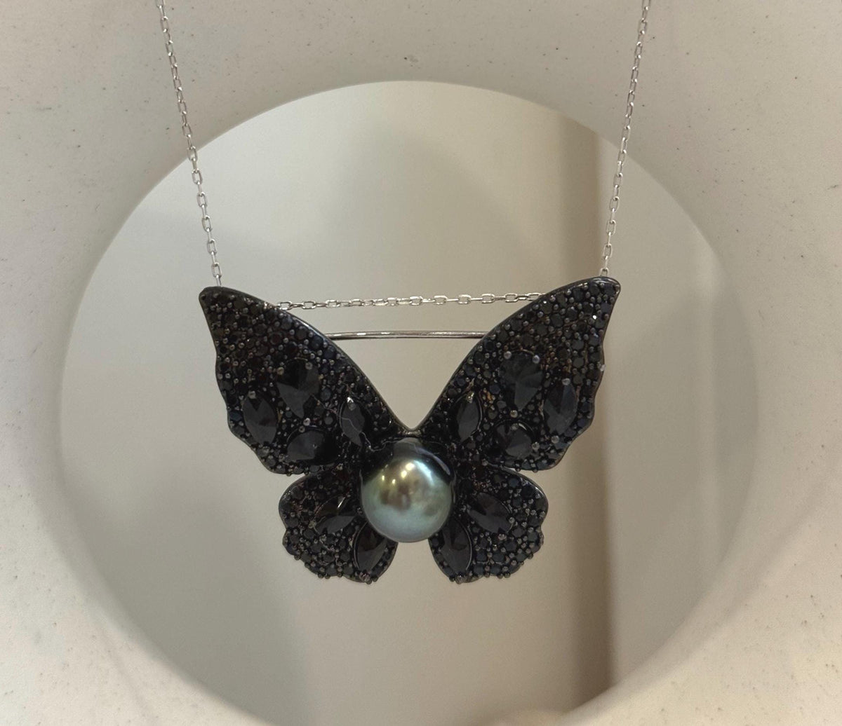 Tahitian Ocean Pearl black butterfly Brooch Pendant 2in1: Extreme luster, 9.8mm peacock green, s925 silver chain, gift for her birthday