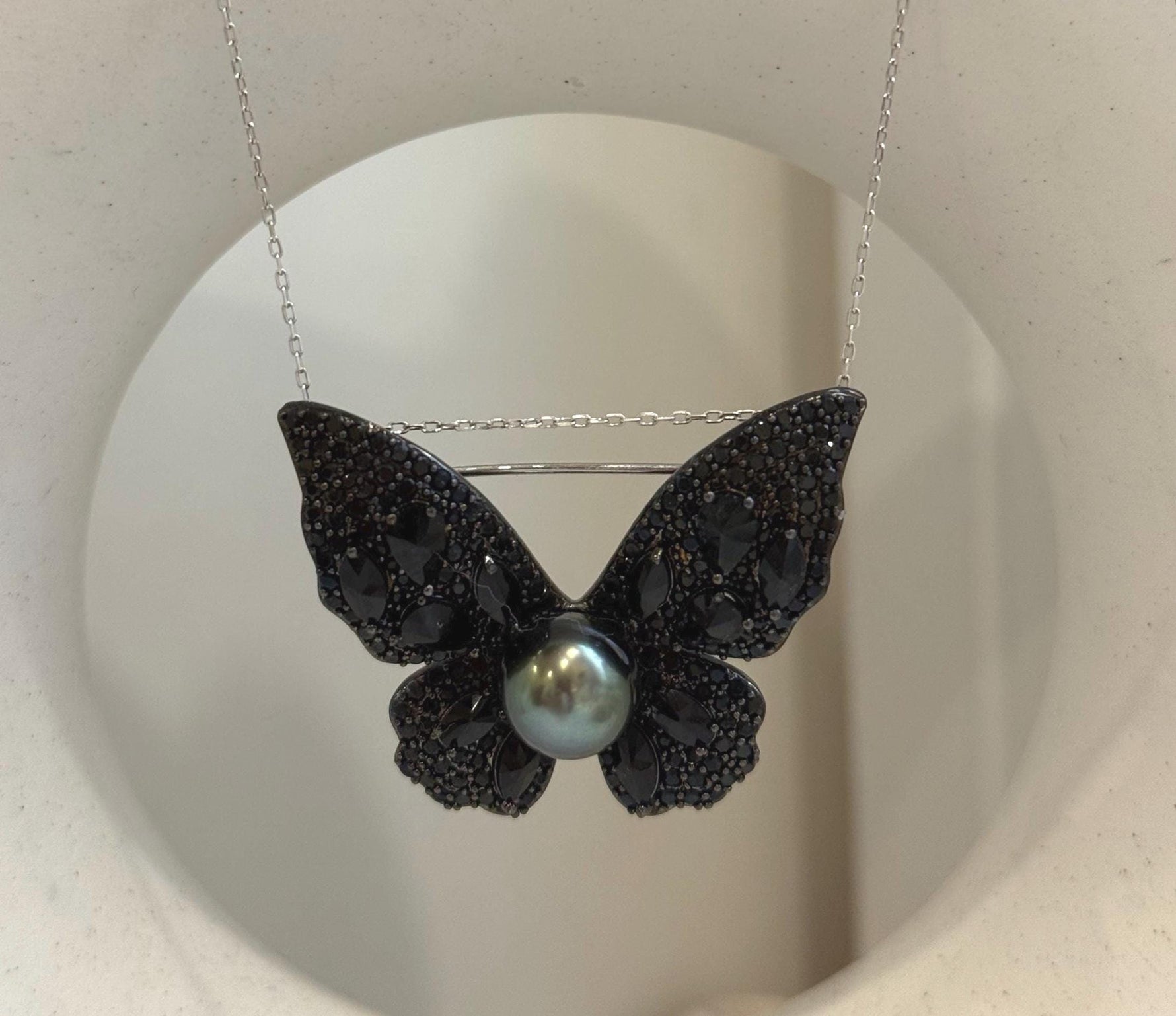 Tahitian Ocean Pearl black butterfly Brooch Pendant 2in1: Extreme luster, 9.8mm peacock green, s925 silver chain, gift for her birthday