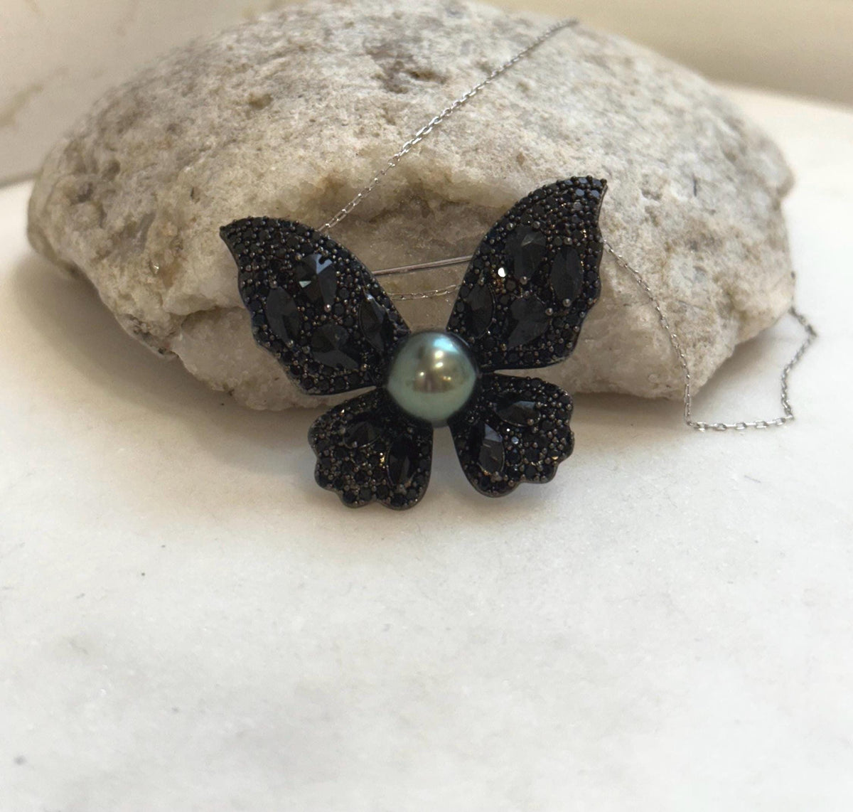 Tahitian Ocean Pearl black butterfly Brooch Pendant 2in1: Extreme luster, 9.8mm peacock green, s925 silver chain, gift for her birthday