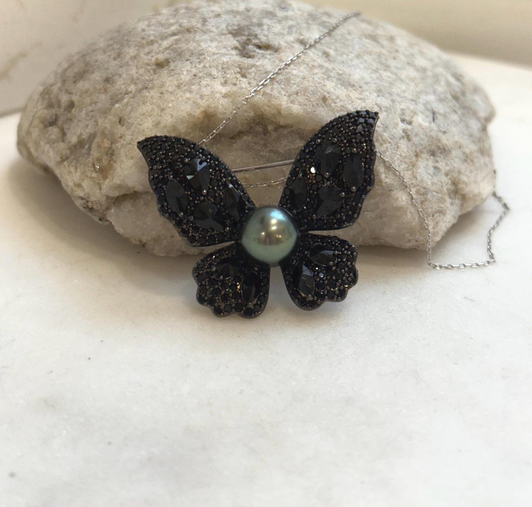 Tahitian Ocean Pearl black butterfly Brooch Pendant 2in1: Extreme luster, 9.8mm peacock green, s925 silver chain, gift for her birthday