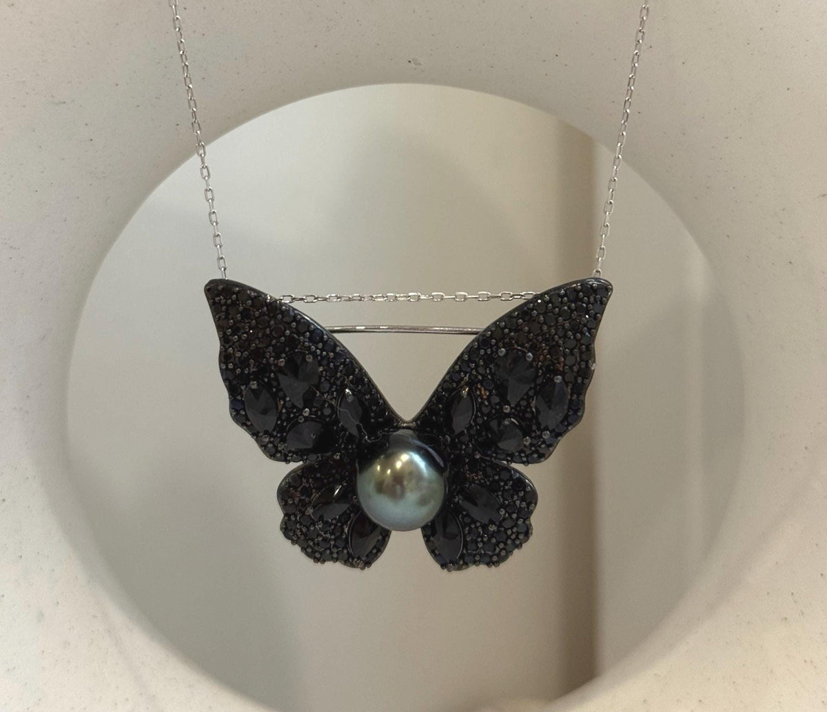 Tahitian Ocean Pearl black butterfly cool fancy Brooch Pendant 2in1: Extreme luster, 9.8mm peacock green, s925 silver chain, gift for her daily wear