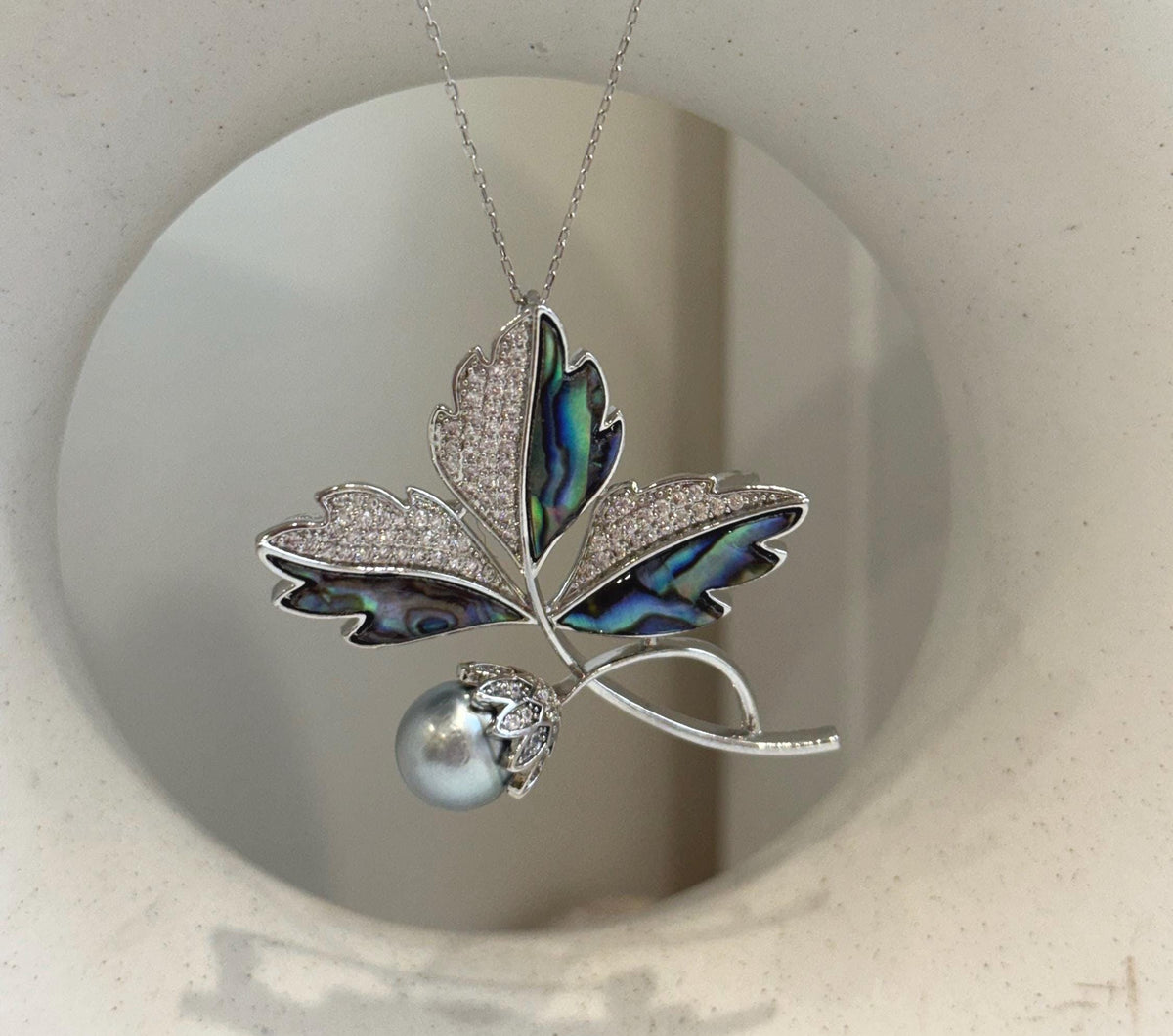 Tahitian Ocean Pearl Leaf Brooch Pendant 2in1: Extreme luster mirrored, 9.8mm silver color pearl, s925 silver chain, gift for her birthday