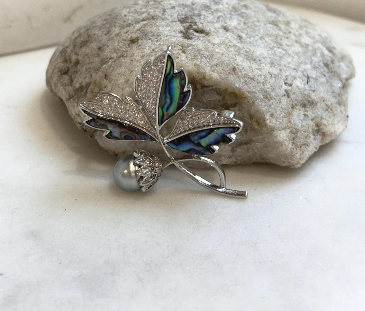 Tahitian Ocean Pearl Leaf Brooch Pendant 2in1: Extreme luster mirrored, 9.8mm silver color pearl, s925 silver chain, gift for her daily wear