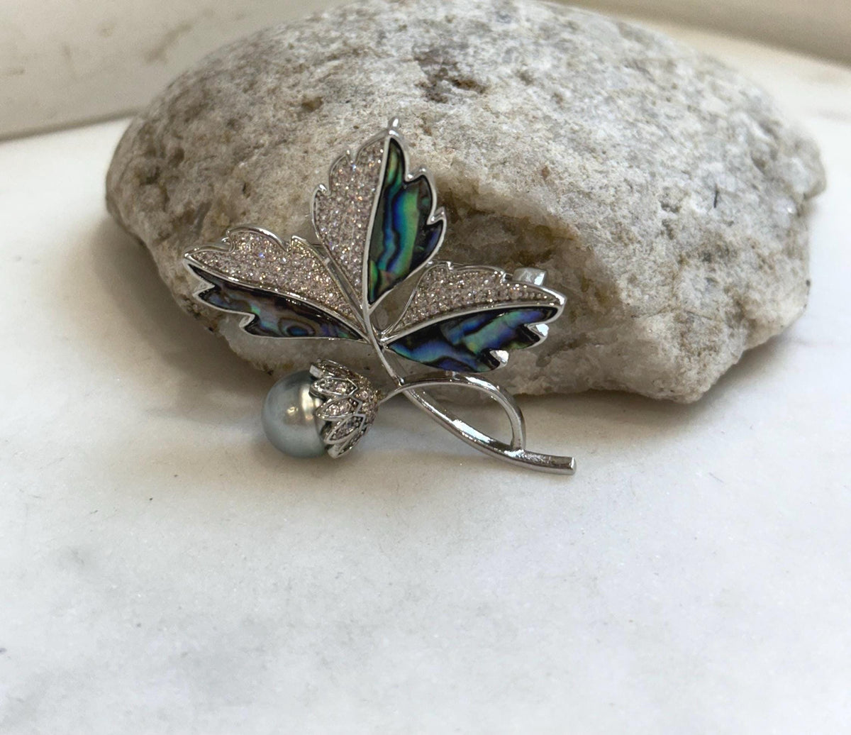 Tahitian Ocean Pearl Leaf Brooch Pendant 2in1: Extreme luster mirrored, 9.8mm silver color pearl, s925 silver chain, gift for her birthday