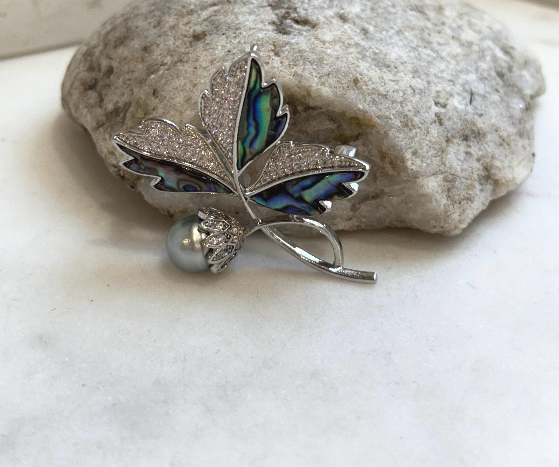 Tahitian Ocean Pearl Leaf Brooch Pendant 2in1: Extreme luster mirrored, 9.8mm silver color pearl, s925 silver chain, gift for her holiday