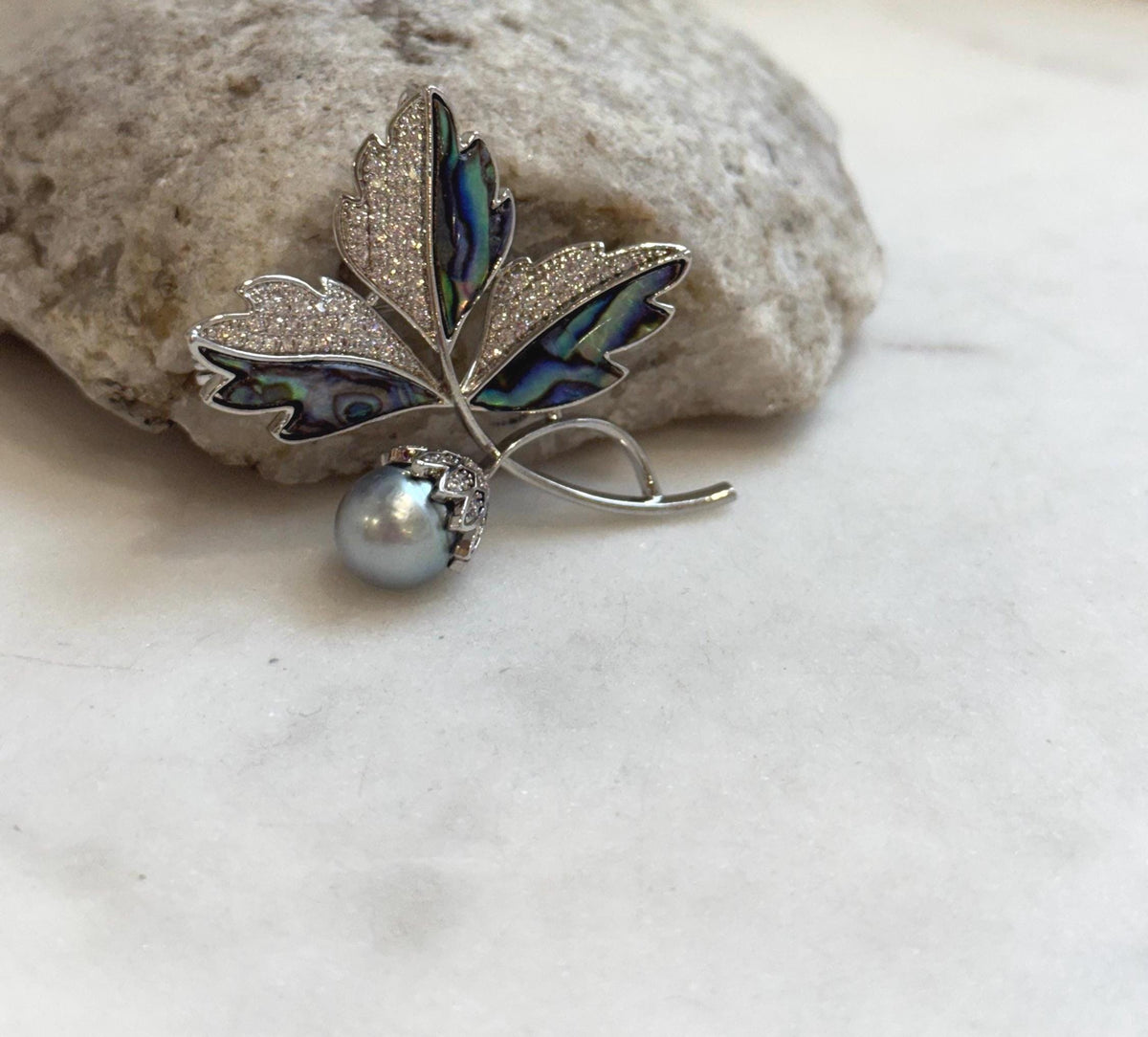 Tahitian Ocean Pearl Leaf Brooch Pendant 2in1: Extreme luster mirrored, 9.8mm silver color pearl, s925 silver chain, gift for her birthday