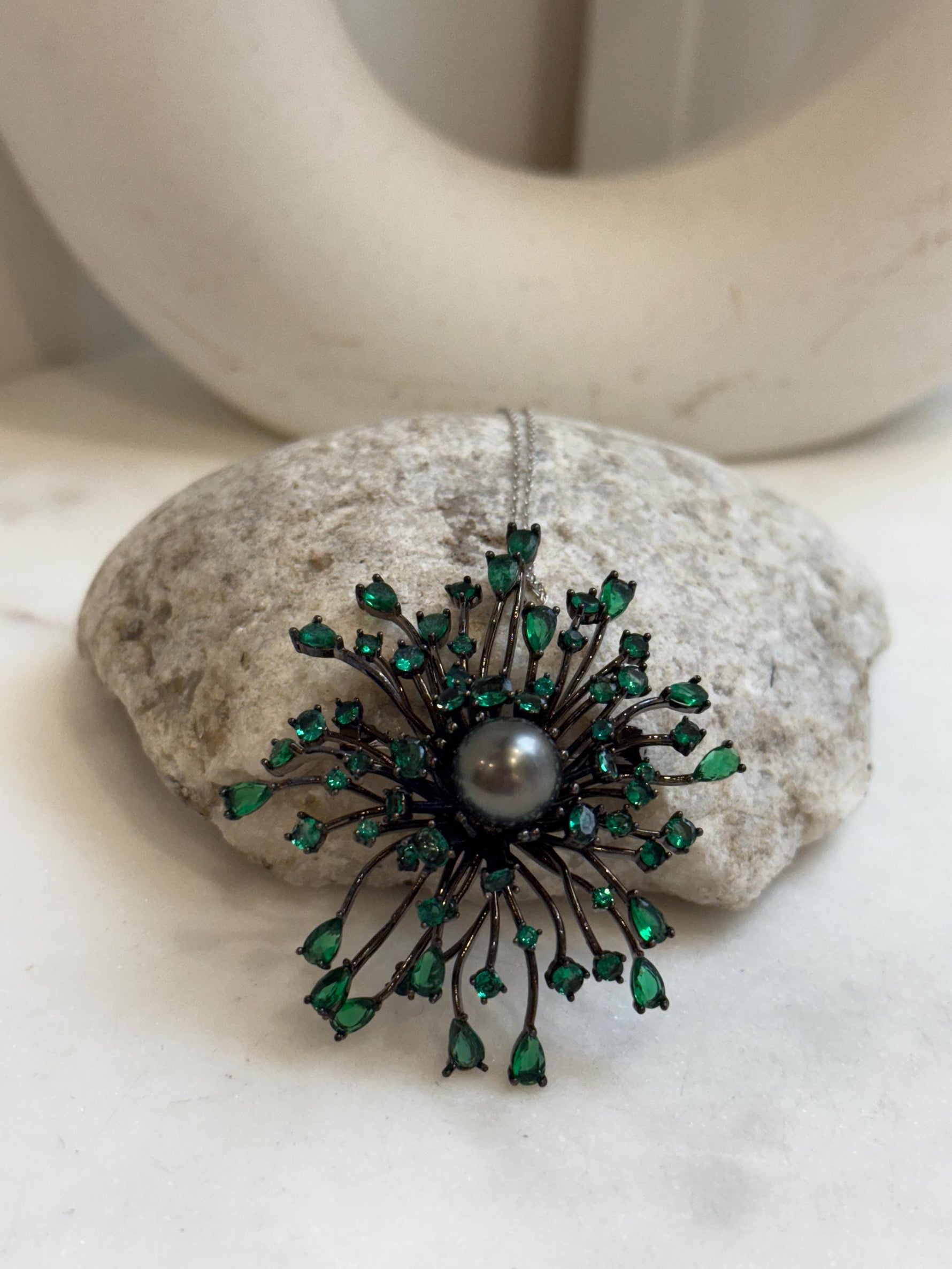 Tahitian Ocean Pearl Fireworks Brooch Pendant 2in1: Extreme luster mirrored, 10.3mm, s925 silver chain, gift for her holiday