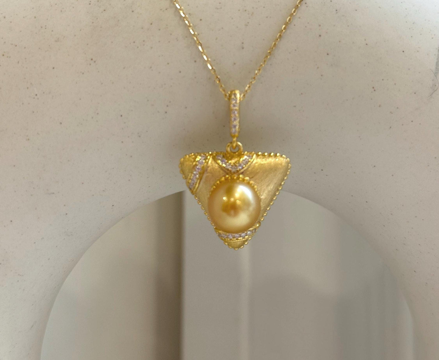 9.6mm South sea golden Pearl Triangle pendant: Extreme luster mirrored, deep gold pearl, S925 silver cool pendant chain set. gift for her daily wear