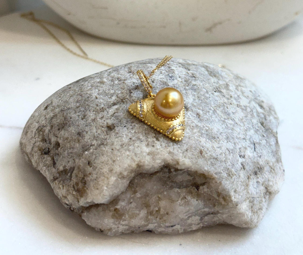 9.6mm South sea golden Pearl Triangle pendant: Extreme luster mirrored, deep gold pearl, S925 silver cool pendant chain set.