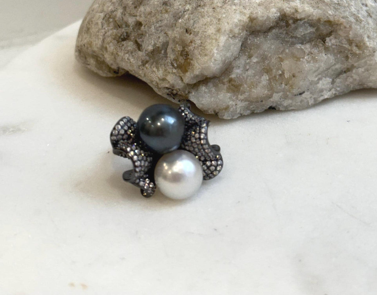 Australian Ocean White Tahitian ocean Double pearls Ring: 10.5-10.9mm, Extreme luster mirrored, Top Thick S925 Silver Adjustable Ring. gift for her daily wear