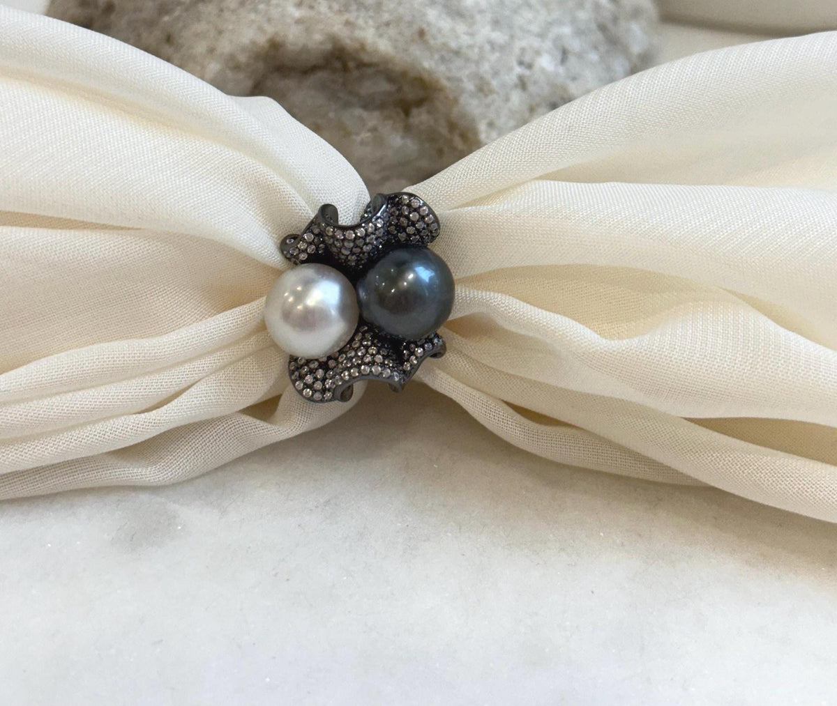 Australian Ocean White Tahitian ocean Double pearls Ring: 10.5-10.9mm, Extreme luster mirrored, Top Thick S925 Silver Adjustable Ring.