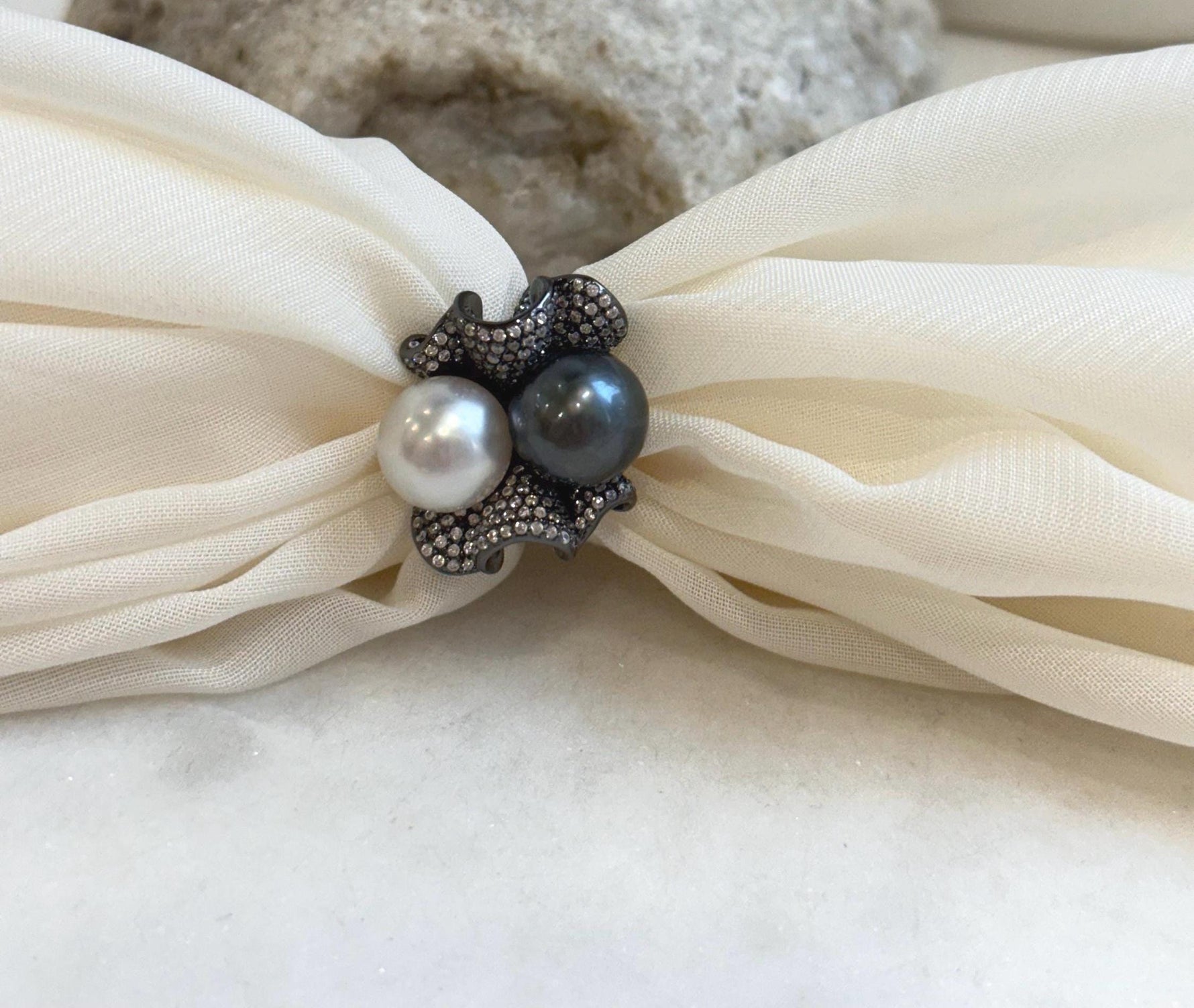 Australian Ocean White Tahitian ocean Double pearls Ring: 10.5-10.9mm, Extreme luster mirrored, Top Thick S925 Silver Adjustable Ring.