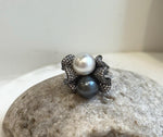 Australian Ocean White Tahitian ocean Double pearls Ring: 10.5-10.9mm, Extreme luster mirrored, Top Thick S925 Silver Adjustable Ring.