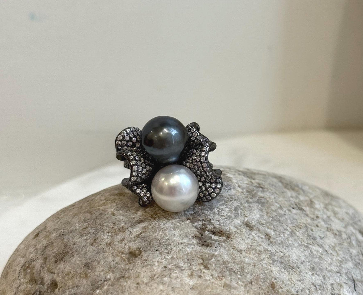 Australian Ocean White Tahitian ocean Double pearls Ring: 10.5-10.9mm, Extreme luster mirrored, Top Thick S925 Silver Adjustable Ring.