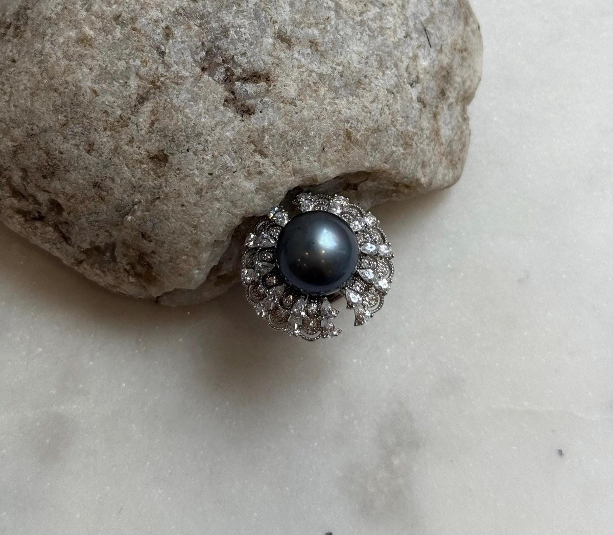 12.9mm Tahitian ocean Pearl Floral Ring: Extreme luster mirrored, 2.3cm Dia, Quite Thick S925 Silver Adjustable Ring.
