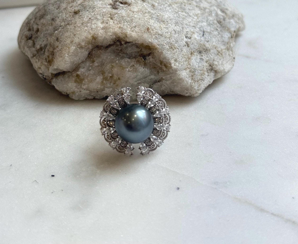 12.9mm Tahitian ocean Pearl Floral Ring: Extreme luster mirrored, 2.3cm Dia, Quite Thick S925 Silver Adjustable Ring.